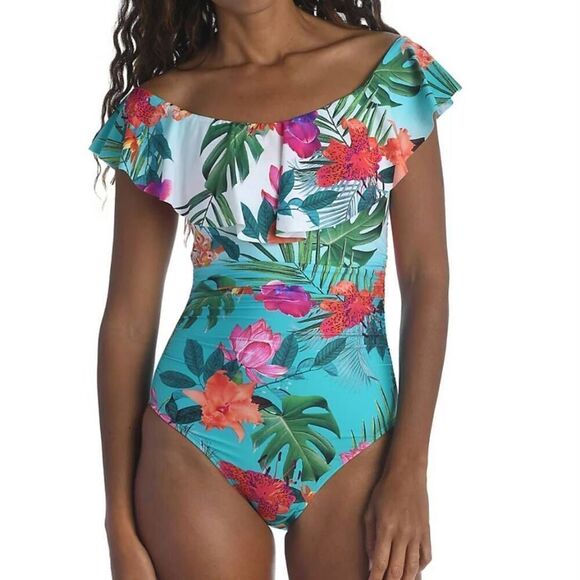 La Blanca Off Shoulder Ruffle Onepiece Swimsuit 14 - Picture 1 of 10